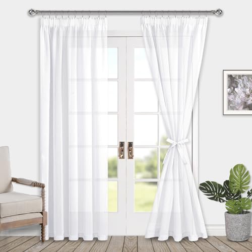 DWCN Stores Gardinen mit kräuselband 2er Set H245 x B140 cm weiß Transparent Vorhänge für Wohnzimmer Durchsichtige Voile Gardine mit Krawatte