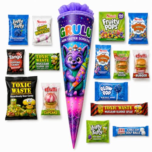 Grulu Schultüte 35 cm & Zuckertüte gefüllt mit 22 Süßigkeiten - amerikanische & saure Süßigkeiten - Einschulung Geschenk für Jungen & Mädchen - Schulanfang