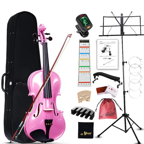Aileen Geige 4/4 für Erwachsene Anfänger, Violine Set für Kinder ab 12 Jahre, Teenager Rosa Geige Einsteiger Kit Vollständig mit 13 Zubehör, Notenständer, Exklusive Neue Griffbrett Aufkleber