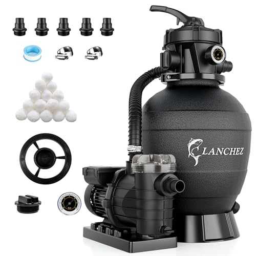 LANCHEZ Sandfilteranlage 15.000 L/h, 7-Wege-Ventil, 24h Zeitschaltuhr, 200g Filterbälle, Sandfilterkessel für Pool, Vorfilter, Tankvolumen Maximal 25 kg Sand, 2in1 Adapter Ø32mm-38mm