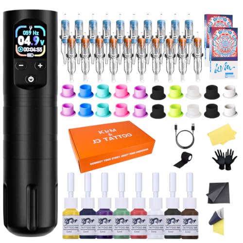KVM Wireless OLED Tattoo Pen Set, Tattoo-Nadelkartusche Wireless Rotating Tattoo Pen Set 1600 mAh Inklusive 57 Zubehörteilen Geeignet für Tattoo-Anfänger oder professionelle Tattoo-Künstler