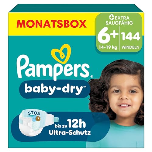 Pampers Baby-Dry Größe 6+, 144 Windeln, 14kg-19kg, Bis zu 100% Auslaufschutz & Komfort die ganze Nacht