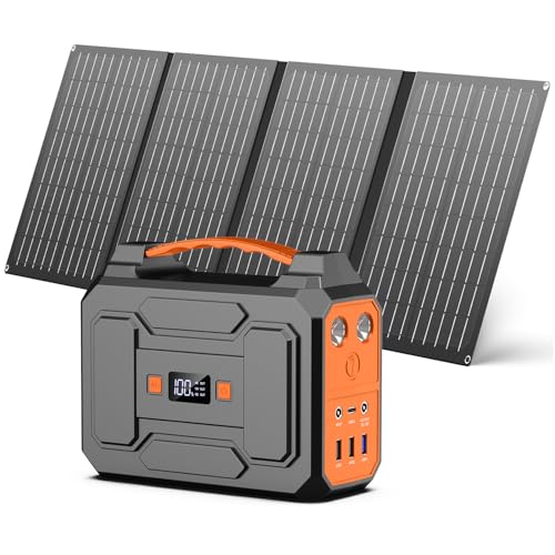 Powkey Powerstation mit Solarpanel 99Wh/27000mAh Tragbare Powerstation mit 40W Faltbare Solarpanel 100W Solargenarator mit 230V AC Ausgang/18W USB-A/USB-C für Wohnmobil Camping,schwarz-orange