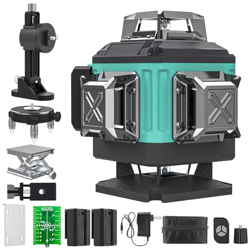 Kreuzlinienlaser Grün 16 Linien Nivellierlaser, 4 x 360 ° Laser wasserwaage, linienlaser kreuzlaser selbstnivellierend für Innenbereich Baustelle, 2 x Batterie Vermessungskabine