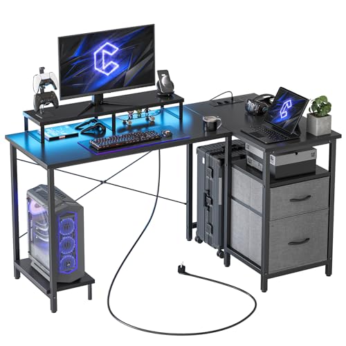 CubiCubi Schreibtisch mit Schubladen, Schwarz, Gaming-Tisch 140 cm Eckschreibtisch, Computertisch mit Steckdose, für Home Office & Gaming