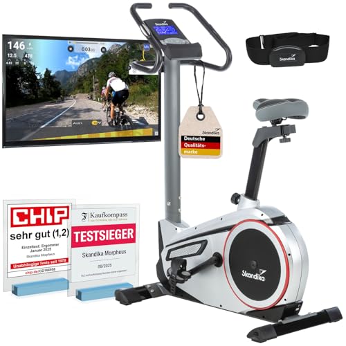 skandika Ergometer Morpheus | Heimtrainer für Zuhause, 12 kg Schwungmasse, 32 Widerstandsstufen, 24 Programme, App Kompatibel mit Kinomap, Pulsgurt, Tablethalterung | Indoor Fahrrad bis 150 kg