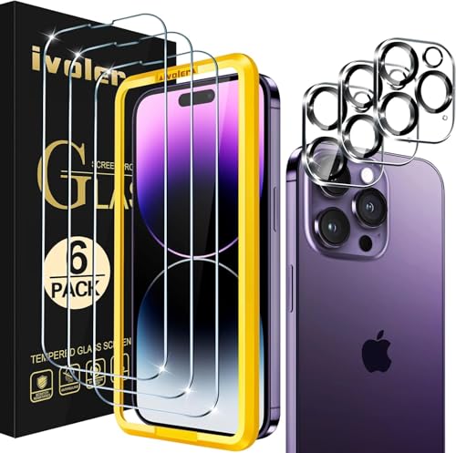 ivoler 3+3 Stück Panzer Schutz Glas Kompatibel für iPhone 14 Pro Max 6.7 Zoll, 3 Stücke Schutzfolie Mit 3 Stück Kameraschutz und Positionierhilfe, 9H Härte, HD Klar, Anti-Kratz, Anti-Bläschen