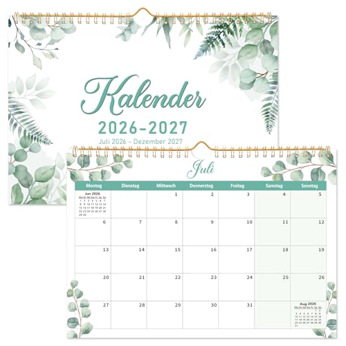 Kalender 2026 2027 A4, 18 Monate von Jul. 2026 bis Dez. 2027, Grüne Blätter