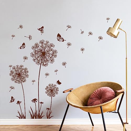 Tanlaby Löwenzahn Wandsticker Blumen Wandtattoo Pusteblume Schmetterlinge Wandaufkleber für Wohnzimmer Schlafzimmer Büros Sofa Hintergrund Hause Wanddekoration(Braun)