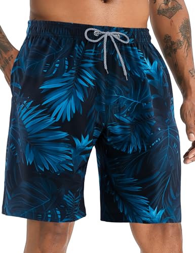 APTRO Herren Badehose Lang Badeshorts Schnelltrocknend Boardshorts Freizeit Short Blätter Dunkelblau MK288 L