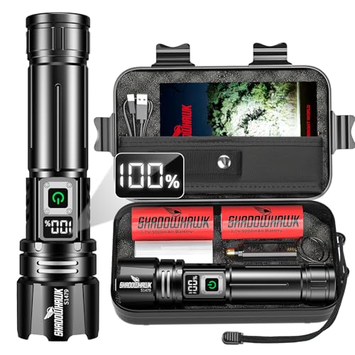 Shadowhawk 500000 Lumen Taschenlampe LED Aufladbar - Bis zu 1000m Reichweite, 24h Laufzeit mit 2 Akkus, LCD-Prozentanzeige Taktische Taschenlampen, Extrem Hell Flashlight für Camping, Wandern, Outdoor