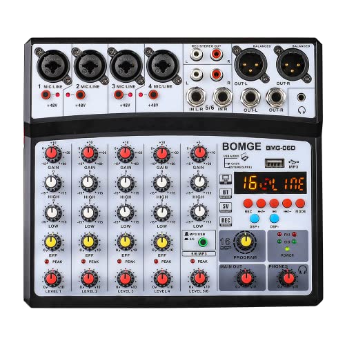 BOMGE Professionelles 6-Kanal 99DSP DJ-Audio-Mixer-Interface, Desktop-Karaoke-Mischpult mit MP3-Eingang, USB, Bluetooth-Eingang, Stereo-Aufnahme und 48-V-Phantomspeisung