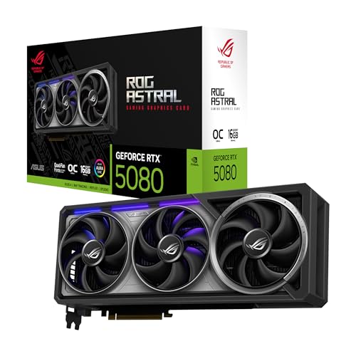 ASUS ROG Astral GeForce RTX 5080 16GB GDDR7 OC Edition Gaming Grafikkarte (Nvidia GeForce RTX5080, Vier Lüfter, PCIe 5.0, 2X HDMI 2.1b, 3X DisplayPort 2.1a, ROG-ASTRAL-RTX5080-O16G-GAMING)