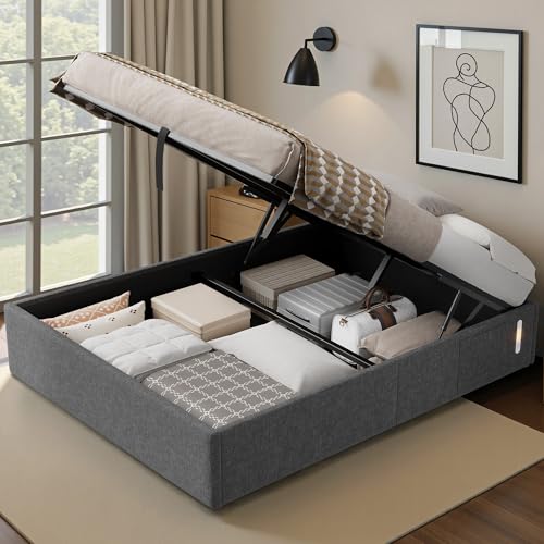 LUXOAK Bett 140x200 cm mit Stauraum und Gasdruckfeder, USB-Anschluss, LED-Nachtlicht, Seitentasche, geräuscharm, einfache Montage, kein Boxspring nötig, grau