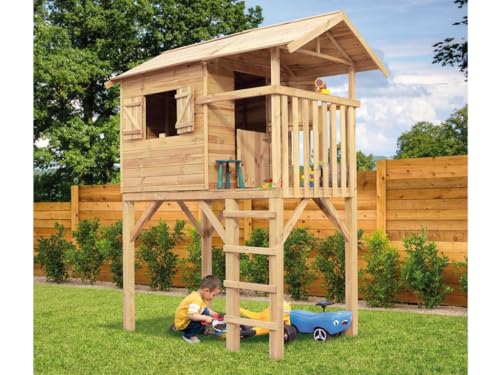 Prestige Garden Stelzenhaus Tree Hut Braun Grün, 14 mm Kesseldruckimprägniertes Kiefernholz Spielhaus, Mit Veranda Tür Fenster Leiter, Stabiles Garten Spielgerät Für Kinder, Erweiterbar Mit Rutsc, ...