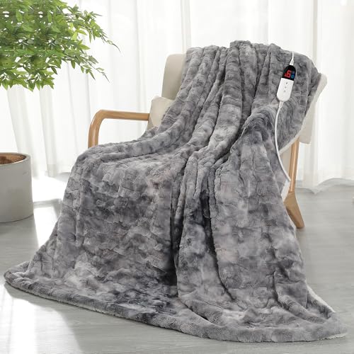 COZYTY Wärmedecke – Heizdecke Mit Abschaltautomatik 130×180cm, 6 Heizstufen & 10h Auto-Abschaltung, Überhitzungsschutz, Maschinenwaschbar — Tie-Dye Fleece Heizdecke für Home & Office, Grau-Schwarz