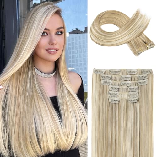 FLUFYMOOZ 6PC Clip in Hair Extensions, 6-teiliges Clip-in-Haarverlängerungsset, 61 cm, glatt, lang, Extensions für Frauen, synthetisches Haarteil (Blond mit blonden Highlights)