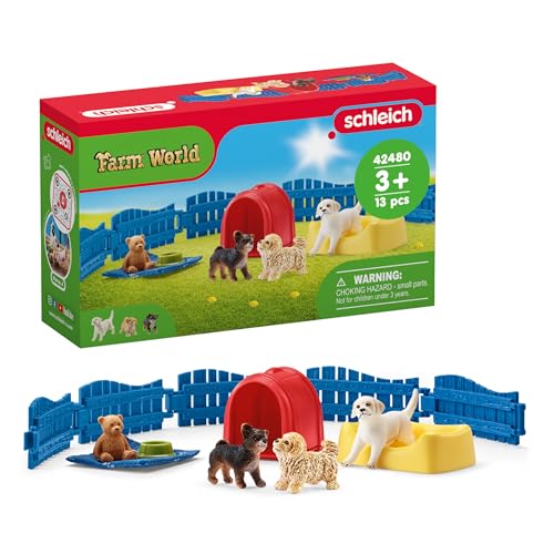 SCHLEICH Farm World | Welpenstube 42480 Tiere Set mit 3 Welpen, Zaun & Zubehör | Bauernhof Spielset & Geschenk für Jungen & Mädchen | Bauernhof Spielzeug ab 3 Jahren | 13 Teile