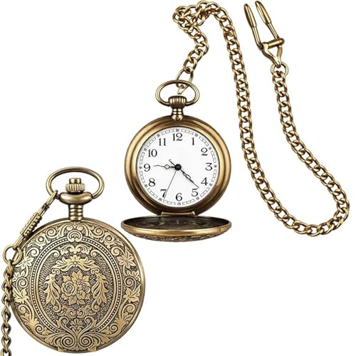 ZYLOUY 1 Pcs Taschenuhr Mit Kette Herren, Antik Messing Gehäuse 4.7cm Durchmesser Mit 37.5cm Kette, Hochwertige Klappdeckel-Taschenuhr, Elegante Accessoires Für Formelle Anlässe