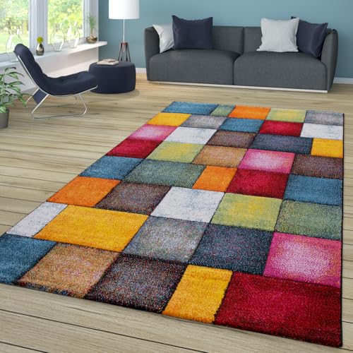 TT Home Wohnzimmer Teppich Bunt Kurzflor Wohnzimmerteppich Meliert 3D Optik Geometrisch, Farbe:Bunt, Größe:80x150 cm