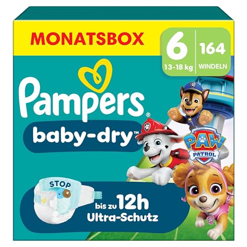 Pampers Baby-Dry Paw Patrol Edition Größe 6, 164 Windeln, 13kg-18kg, Bis zu 100Prozent Auslaufschutz und Komfort die ganze Nacht