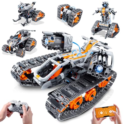 HiWEEGO Technik Roboter für Kinder mit LED Licht, 5-in-1 APP und Fernbedienung Bausatz RC Robot/Tracked/Racer/Technic Panzer/Auto Schlitten, Wiederaufladbar Geschenk für Jungen und Mädchen 6–12 Jahren