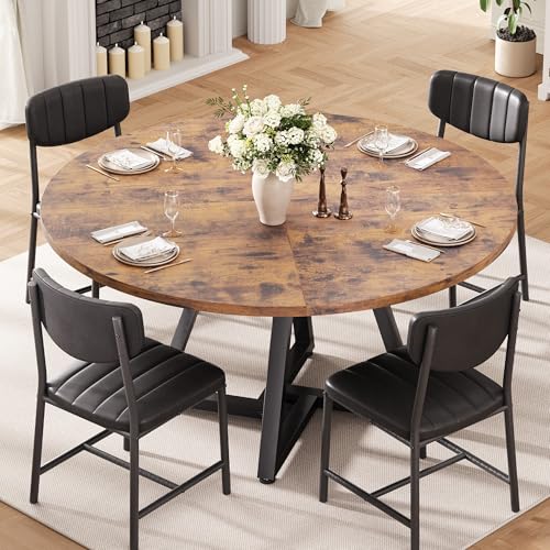 Esstisch Runder und 4 Esszimmerstühle Set, Essgruppe 5-Teilig, Küchentisch mit stabilem Metallgestell und 4 stühle, platzsparender Esszimmertisch aus Holz im Industrial Design (Vintage Braun, 107cm)