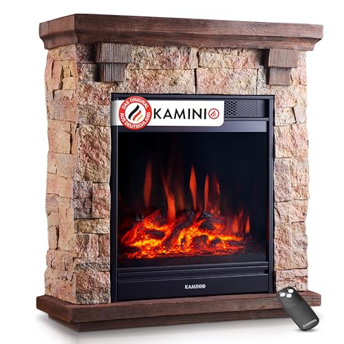 KAMINIO Elektrokamin Juan - Elektrischer Standkamin in Steinoptik mit Heizung, 3D-Flammeneffekt, Fernbedienung (Beige)