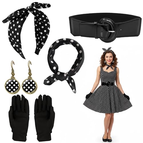 Qnvyw 6 Stück Rockabilly Accessoires Damen, 50er Jahre Damen Kleid Zubehör, 1950s Kostüm Set mit Chiffon Schal Polka Dot Stirnband Katzen Auge Brille 60er Jahre Kleidung (Schwarz)
