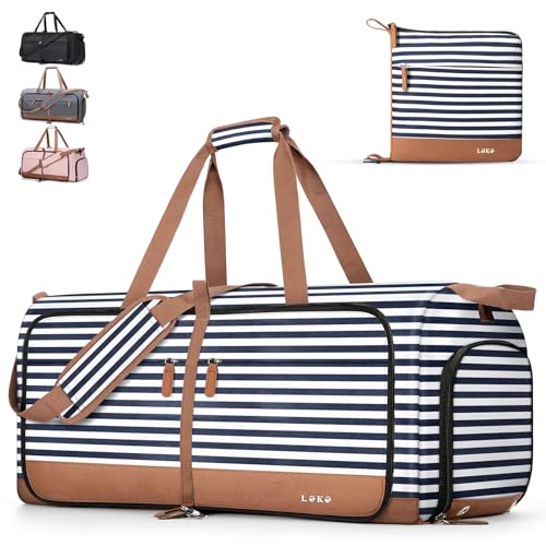 Lekesky Reisetasche Damen 60L Faltbare Reisetasche Weekender Sporttasche mit Schuhfach, wasserdichte Handgepäck Tasche/Sporttasche/Krankenhaustasche (Blau Gestreift)