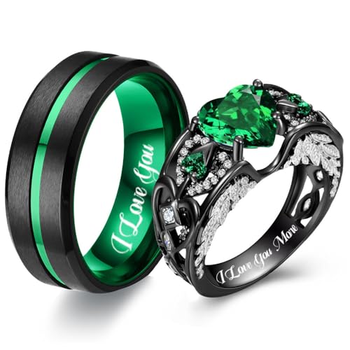 Passende Eheringe für Paare Set Versprechen Ringe für ihn und sie anpassbare Smaragd grün Verlobungsringe für Frauen Herren Ehering Wolfram graviert Valentinstag Schmuck Geschenk (Grüner-Paar)