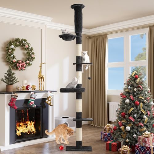 YITAHOME Kratzbaum vom Boden bis zur Decke, 5-stöckig, Katzenkletter-Aktivitätszentrum, Katzenkratzbaum mit Einstellbarer Höhe/Hängematte/Stabilen Plattformen/Baumelnden Kugeln, Dunkelgrau, 281 cm