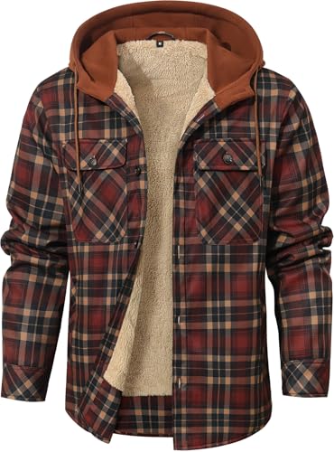 Zaitun Herren Winterjacke Warme Fleecejacke Kariertes HolzfäLlerhemd Hemdjacke mit Kapuze Outdoor Jacken Thermo Flanell Jacke