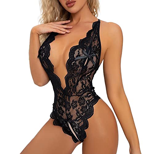 KOEMCY Sexy Body Dessous Damen Babydoll Body Damen Sexy Spitze Unterwäsche Teddy Bodysuit Tiefer V-Ausschnitt Reizwäsche One Piece Erotische Lingerie Negligee (Schwarz, XL)