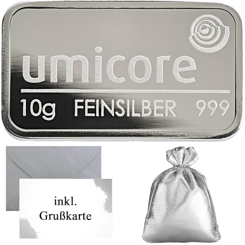 Silberbarren Umicore 999 Feinsilber – LBMA-zertifiziert – Anlagesilber mit Geschenkverpackung und Grußkarte (10g Silber)