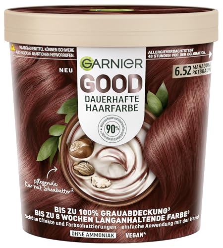 Garnier GOOD Dauerhafte Haarfarbe 6.52 Mahagoni Rotbraun – Coloration ohne Ammoniak, vegane Formel, bis zu 100% Grauabdeckung, langanhaltende Farbe, mit angenehmem Duft, 1 Stk.