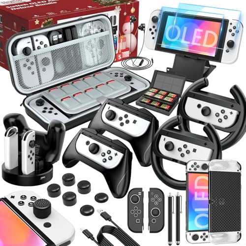 HEYSTOP Switch OLED Zubehör 27 in 1 Kompatibel mit Nintendo Switch OLED,Switch OLED Tasche Weihnachten Geschenk Bundle Kompatibel mit Nintendo Switch OLED Konsole mit Schutzhülle,Griff,Schwarz