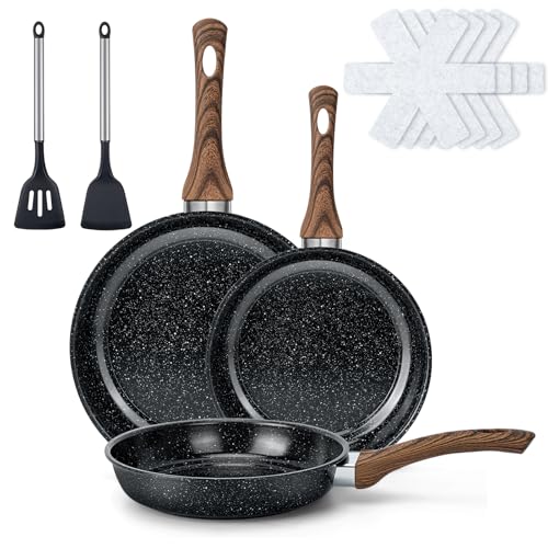 Colourcoco 9-teiliges Pfanne Induktion - 22/26/30cm Antihaftbeschichtetes Stapelba Pfanne, Hitzebeständiger Holzgriff, Ofenfest & für alle Herdarten Geeignet – Für Zuhause und Camping