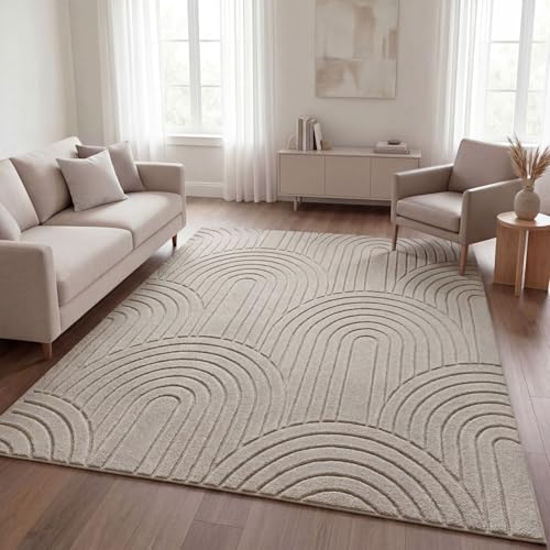 TT Home Wohnzimmer Teppich Schlafzimmer Hochflor Pflegeleicht Weich Waschbar Uni Modernes Design 3D-Optik, Farbe:Beige 1, Größe:160x220 cm
