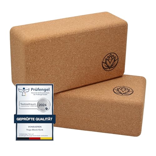 2 x Yoga Block VonBueren | Yogablöcke aus Kork | 22 x 12 x 7,5 cm je Yogablock | Yogazubehör für Damen und Herren | Hatha Klotz | Yogaklötze