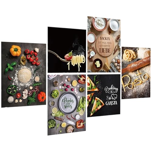 6er Set Wandtattoo Italien Pasta - Nudel Spaghetti Küche Kochen - BACKEN IST AUS TEIG GEFORMTE LIEBE - Wandaufkleber Wandbild für Deko Restaurant Küche Flur Wohnzimmer Schlafzimmer Wohnzimmer (P)