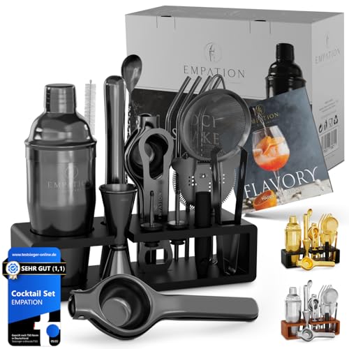 EMPATION Cocktail Set Schwarz, 700ml Cobbler Cocktail Shaker aus Edelstahl, sicheres Ausgießen & kein Verschütten, Profi Cocktail Shaker Set mit Ständer & Rezeptbuch, Mix Set für Barkeeper