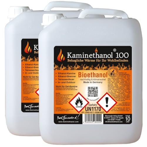 Kaminethanol Icking 20 Liter Bioethanol 100% (2 x 10 L) Premium Qualität - direkt vom Hersteller für Ethanol Kamine, Alkohol-Brenner, Terrasenfeuer, Raumfeuer und Gartenfackeln