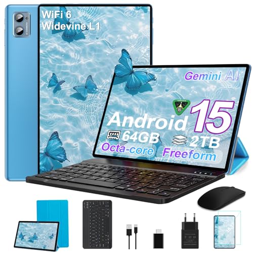 SUAAT 2026 Tablet 10 Zoll Android 15 Octa Core Tablet mit 64 GB ROM + 2 TB TF | 5G + 2,4G WiFi |GMS| Bluetooth 5.0 |8 MP + 5 MP | Typ C,Touchscreen-Tablet mit Hülle, Tastatur und Maus-Blau