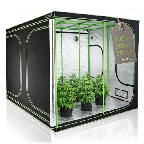 HIGHWERK Growzelt 200 x 200 x 200 cm | MyHomeGrow Grow Tent, schwarz grün | Indoor Grow Tent für Pflanzenzucht | Growbox, Homegrow, Growschrank | Zuchtzelt, Pflanzenzelt, Anzuchtzelt, Gewächshaus