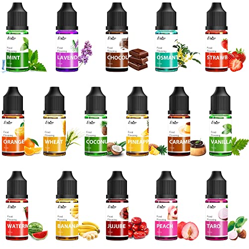 Lebensmittelarom, Food Flavour Drops - 16 Konzentrierte Lebensmittel Aromaöl Flavor Oil zum Backen, Kochen, Süßigkeiten - Wasser- und öllösliches Lipgloss Aromaöl für die Seifen, Getränke - je 10 ml