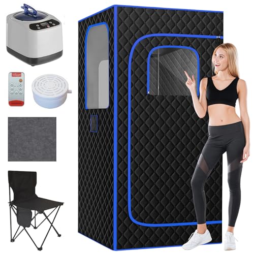 TAZZOR Tragbare Saunazelt mit Dampfgenerator 3 Liter Dampfsauna für Zuhause 9 Temperaturstufen Mobile Sauna mit Klappstuhl Fernbedienung Matte, 90 x 90 x 180 cm