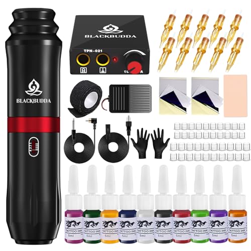 Blackbudda Tattoo Maschine Set, Rotary Tattoo Maschine Set für Profis mit Power und Pigment, 10 Stück Patronen Nadeln(Schwarz)