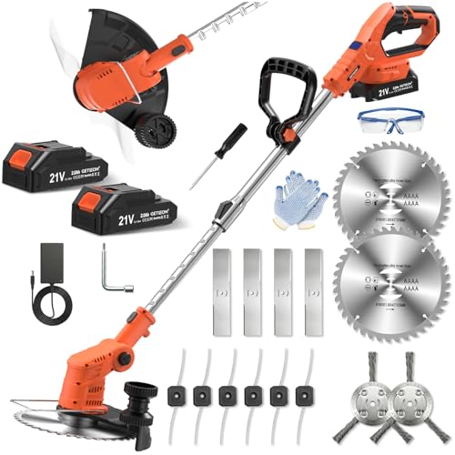 GETIEOM Rasentrimmer Akku 21V, 4-in-1 Freischneider mit 850W Motor und LCD-Anzeige, inkl. Stahlbürste und 8