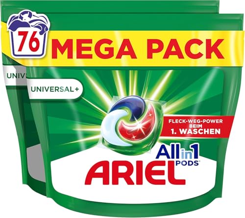 Ariel Allin1 PODS, Flüssigwaschmittel-Kapseln Universal+ 76 Waschladungen, Wirken Selbst Bei 7 Tage Alten, Eingetrockneten Flecken in Kaltem Wasser